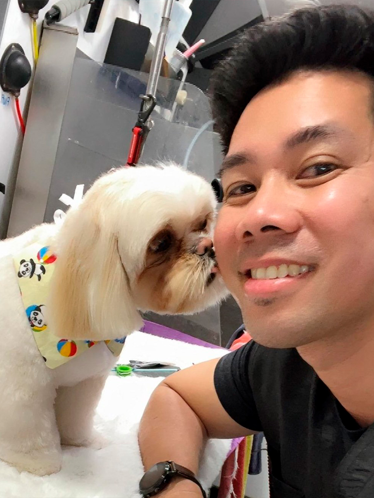 Male pet groomer Ken Cortez smiling with a small dog inside a mobile pet spa in Los Angeles, California.